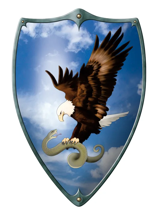 Ritter-Schild Adler&Schlange, Holz bunt, 2 Ledergr., 49x32cm - Bild 1