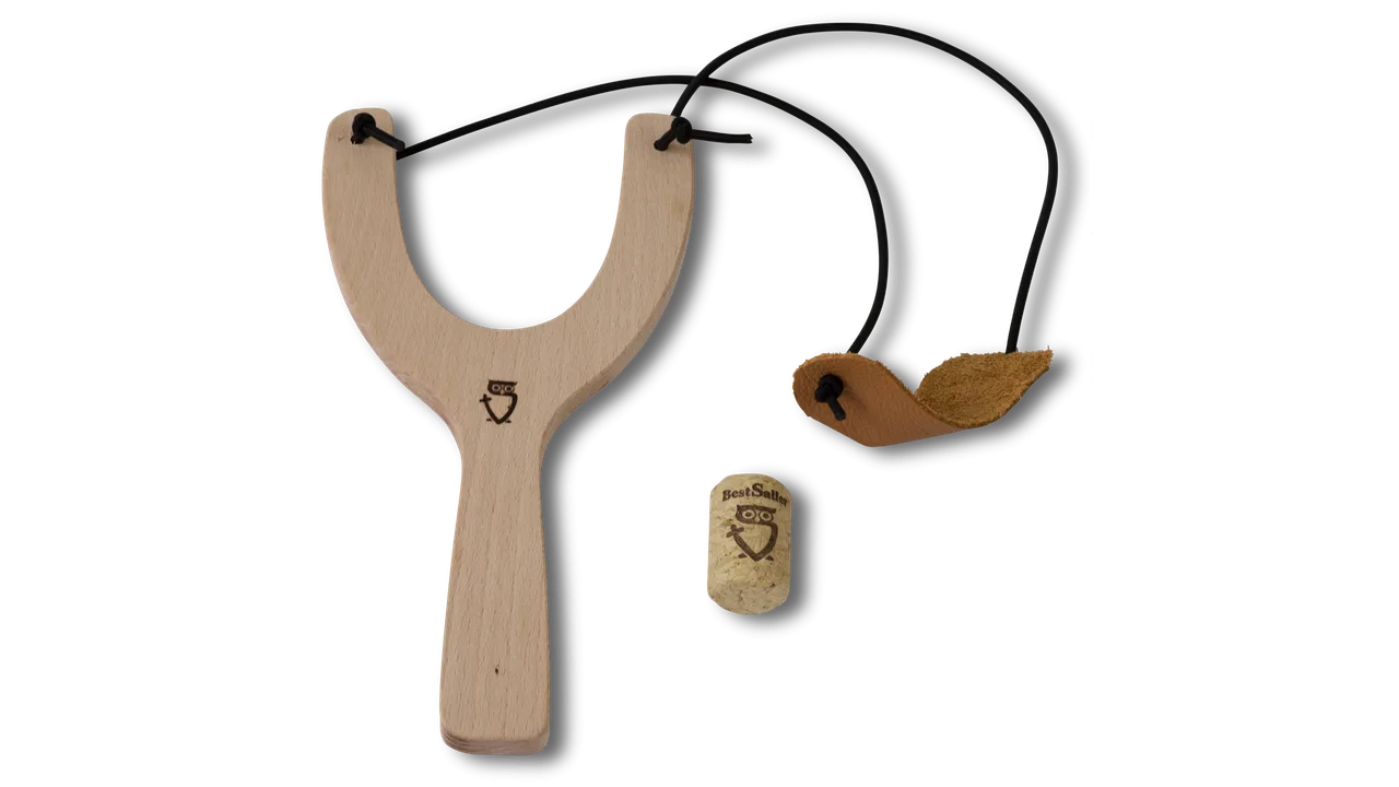 KORKEN-SCHLEUDER (Katschi, Zwille) Holz natur, Korb aus echtem Leder + 1 BS-Korken