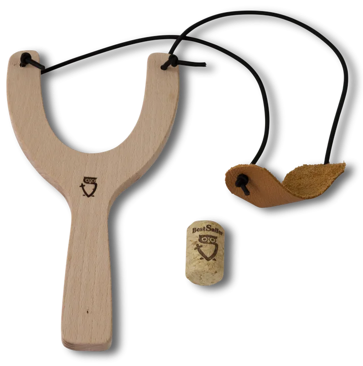 KORKEN-SCHLEUDER (Katschi, Zwille) Holz natur, Korb aus echtem Leder + 1 BS-Korken