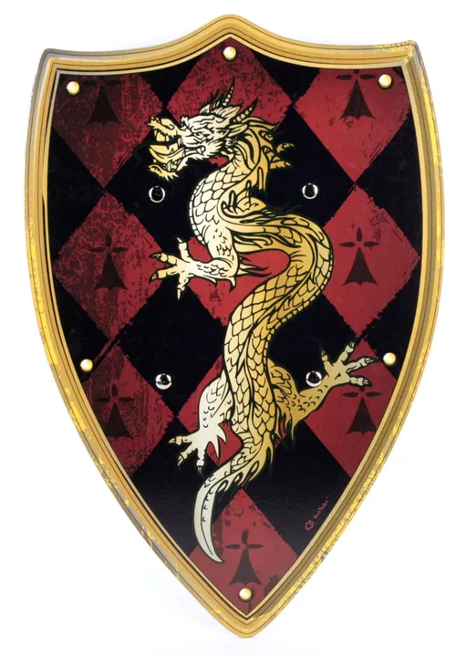 Ritter-Schild vom Drachenhang, Holz bunt, 2 Ledergr.,49x32cm - Bild 1