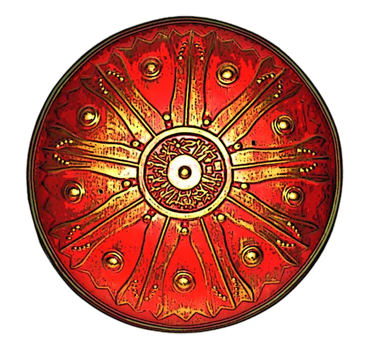 RÖMER-/Hopliten-Schild, Holz bunt, Ø 40cm, Doppelledergriffe - Bild 1