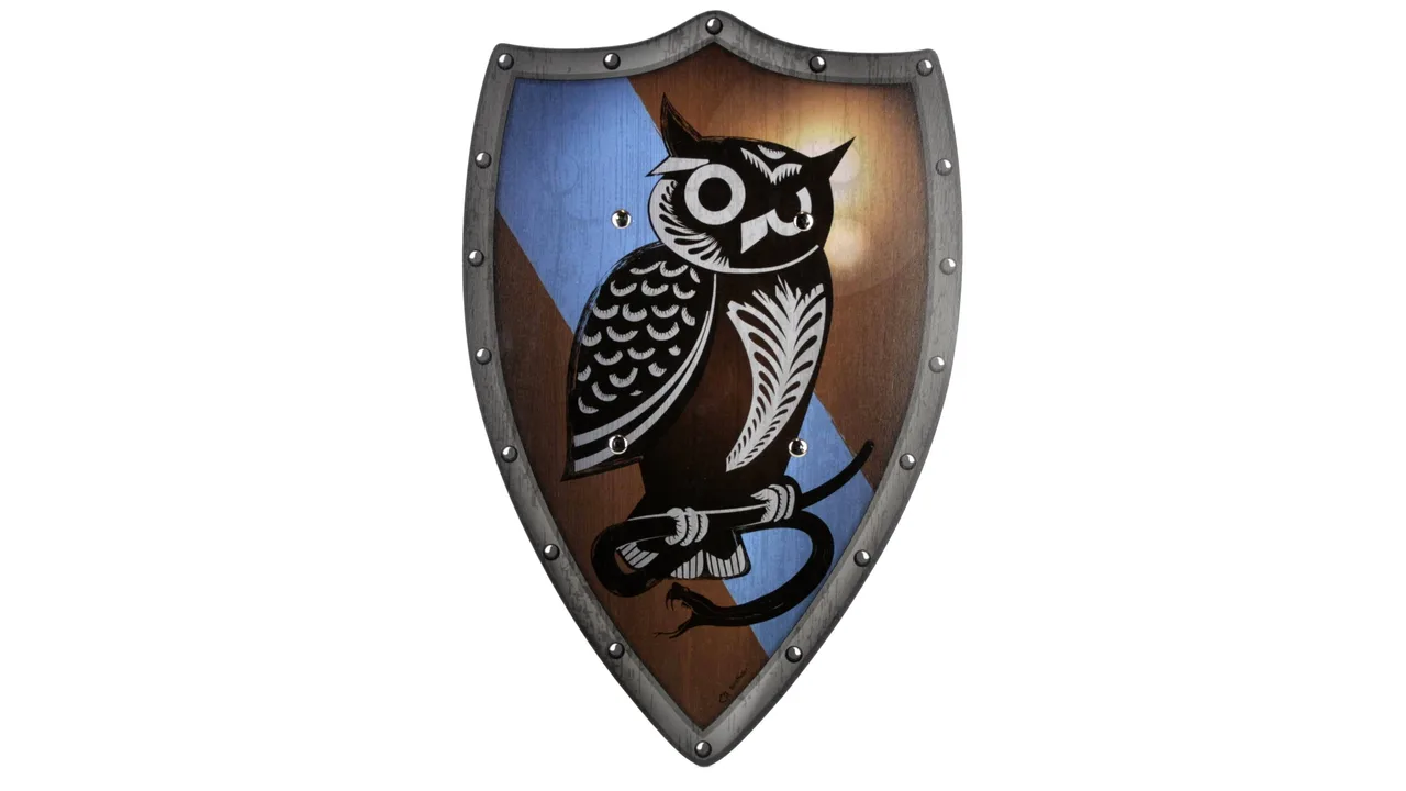 Ritter-Schild vom Eulenhort, Holz bunt, 2 Ledergr.,49x32cm - Bild 1