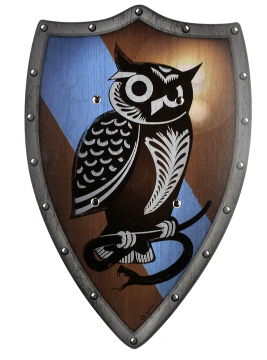 Ritter-Schild vom Eulenhort, Holz bunt, 2 Ledergr.,49x32cm - Bild 1