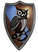 Ritter-Schild vom Eulenhort, Holz bunt, 2 Ledergr.,49x32cm - Bild 1